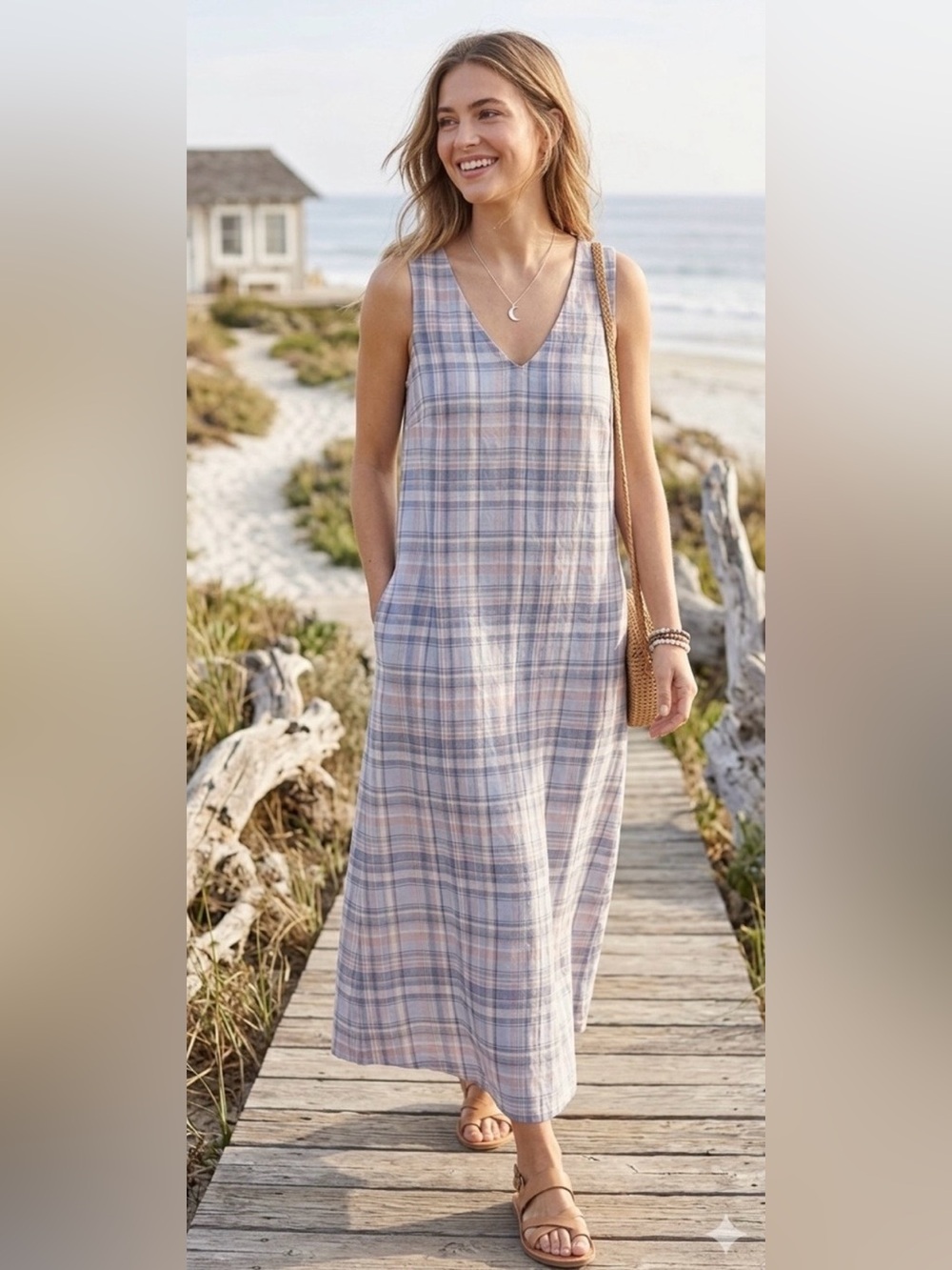 J. Jill Love Linen Plaid V-Neck Maxi Dress Blue Pink Sleeveless Boho Summer Sz M